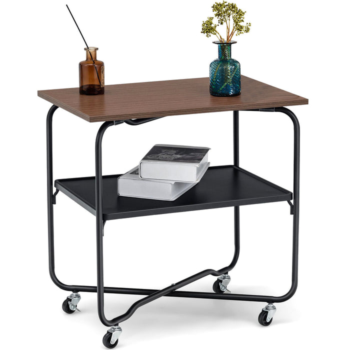 2-Tier End Table with Metal Storage Shelf and Foldable Frame-Brown