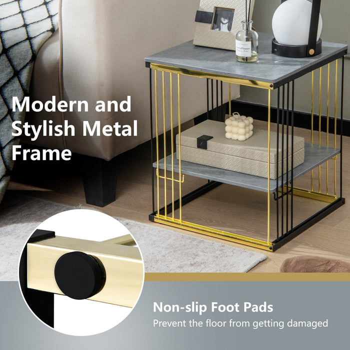 2-Tier Metal Side End Table with Removable Shelf-Gray