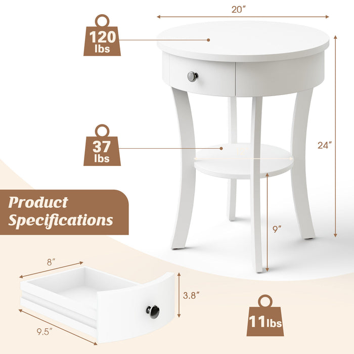 2-Tier Wood Round End Table with Open Drawer-White