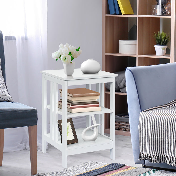 3-Tier Nightstand Sofa Side Table with Baffles and Round Corners-White