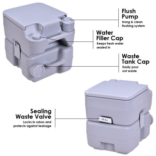 5.3 Gallon Portable Toilet with Waste Tank and Built-in Rotating Spout-Gray