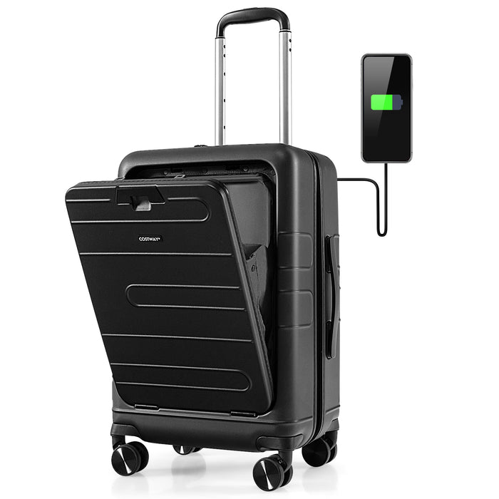 20 Inch Carry-on Luggage PC Hardside Suitcase TSA Lock with Front Pocket and USB Port-Black