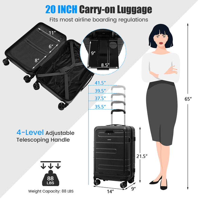 20 Inch Carry-on Luggage PC Hardside Suitcase TSA Lock with Front Pocket and USB Port-Black