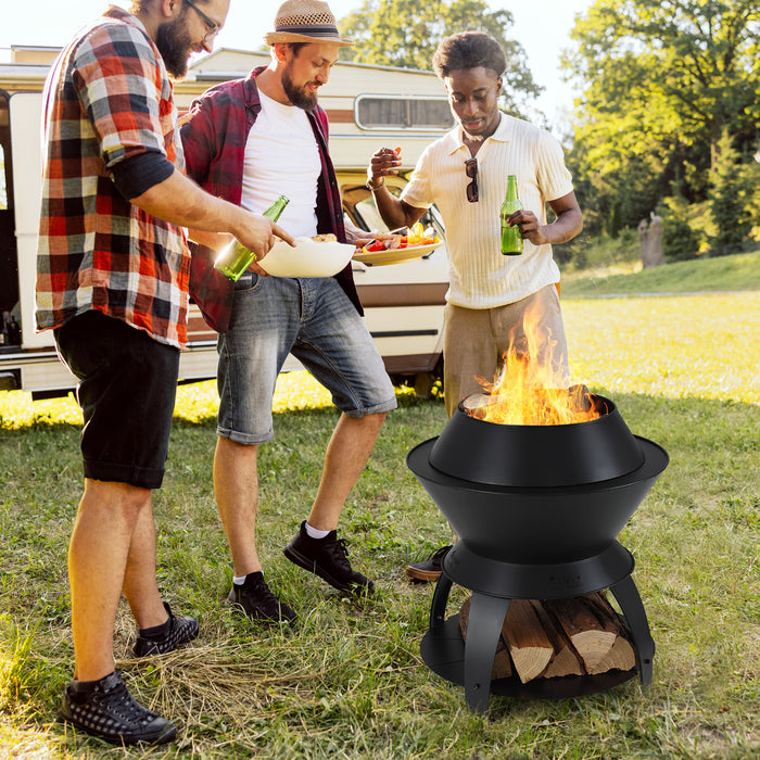 20 Inch Patio Fire Pit Metal Camping Fire Bowl with Pot Holder and Storage Shelf-Black