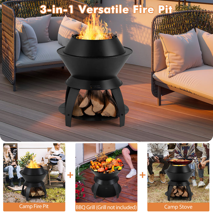 20 Inch Patio Fire Pit Metal Camping Fire Bowl with Pot Holder and Storage Shelf-Black