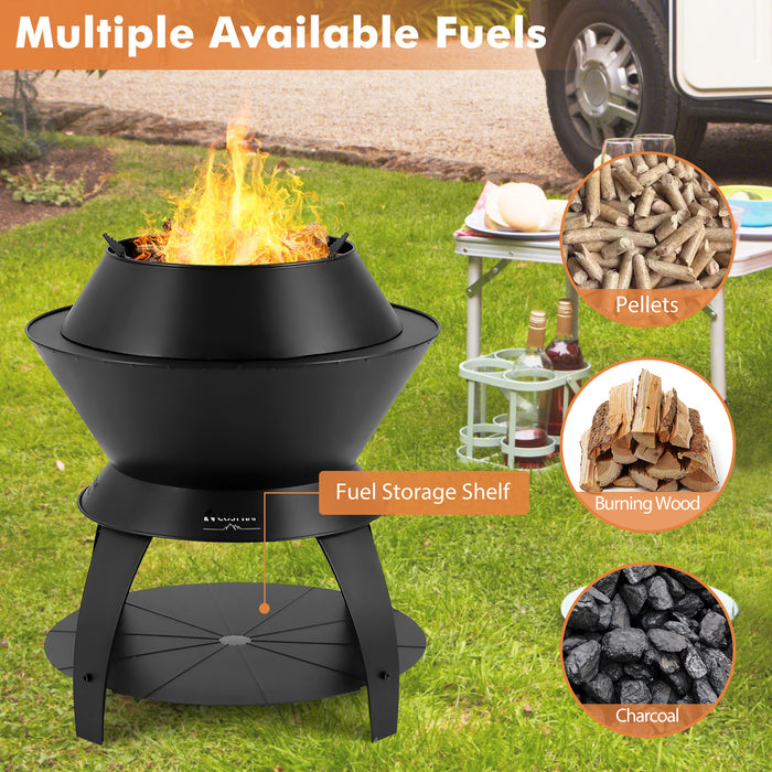 20 Inch Patio Fire Pit Metal Camping Fire Bowl with Pot Holder and Storage Shelf-Black