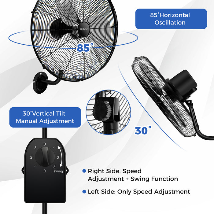 20 Inch Wall Mount Fan with 3 Fan Speeds and Adjustable Tilt Head-Black