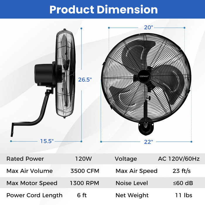 20 Inch Wall Mount Fan with 3 Fan Speeds and Adjustable Tilt Head-Black