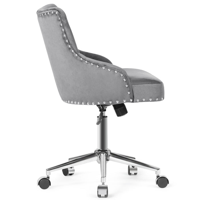 Tufted Upholstered Swivel Computer Desk Chair with Nailed Tri-Gray