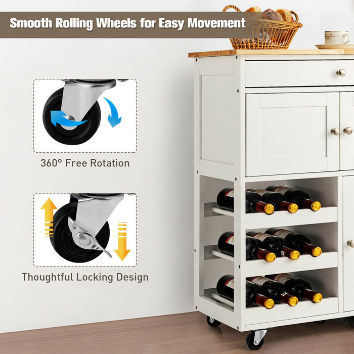 Kitchen Cart with Rubber Wood Top 3 Tier Wine Racks 2 Cabinets-White