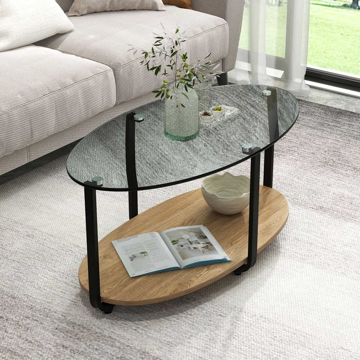 2-Tier Glass-Top Oval Coffee Table with Wooden Shelf for Living Room