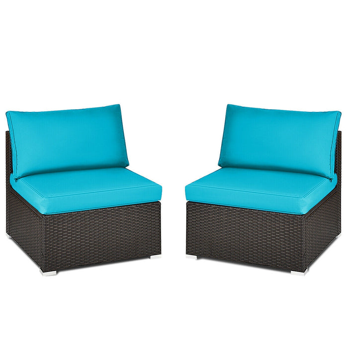 2 Pieces Patio Rattan Armless Sofa Set with 2 Cushions and 2 Pillows-Blue