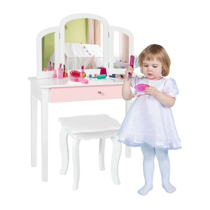 Kids Princess Make Up Dressing Table with Tri-folding Mirror and Chair-White