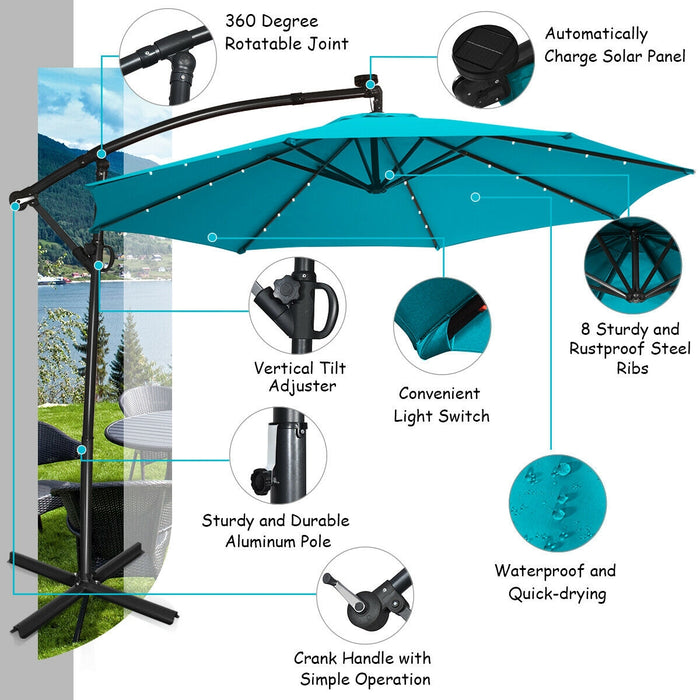 10FT 360Â° Rotation Solar Powered LED Patio Offset Umbrella-Turquoise