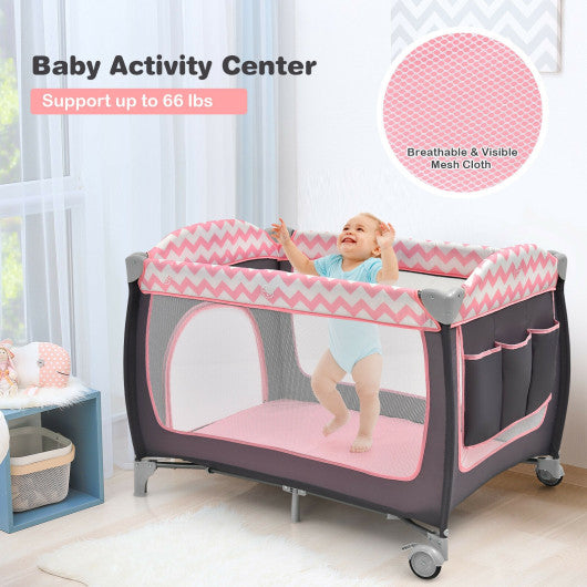 3-in-1 Portable Baby Playard with Zippered Door and Toy Bar-Pink