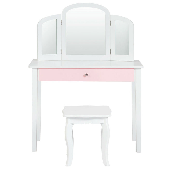 Kids Princess Make Up Dressing Table with Tri-folding Mirror and Chair-White