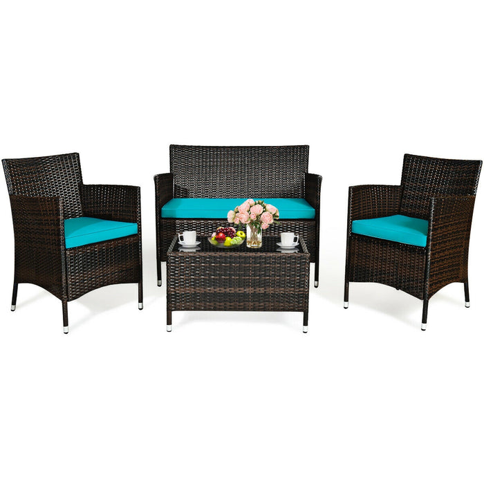 4 Pieces Patio Rattan Sofa Set with Chairs and Glass Coffee Table-Turquoise