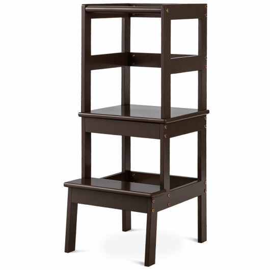 Wooden Kids Kitchen Step Stool with Safety Rail-Dark Brown