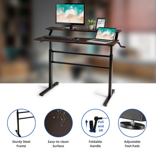 Standing Desk Crank Adjustable Sit to Stand Workstation -Brown