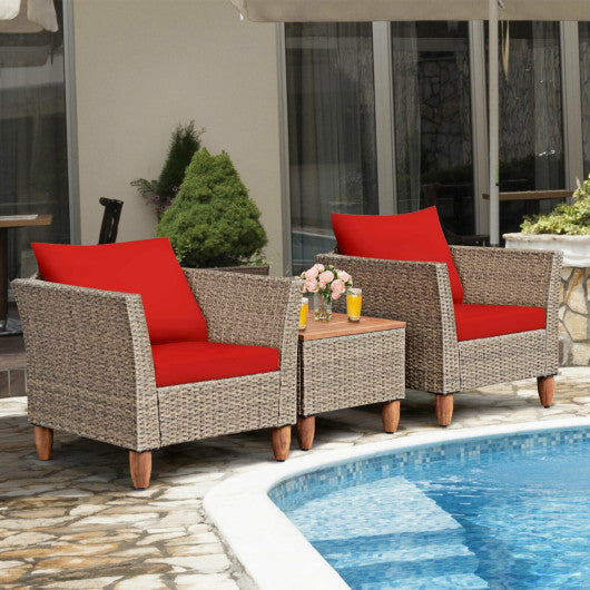 3 Pieces Patio Rattan Furniture Set with Washable Cushion for Yard Porch-Red