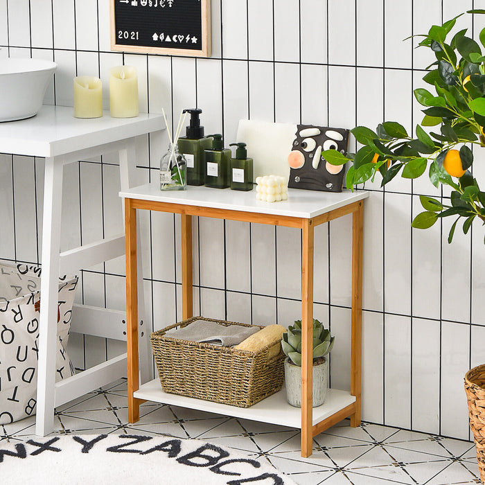 23 Inch Height 2-tier End Table with Bamboo Frame and Bottom Shelf-White