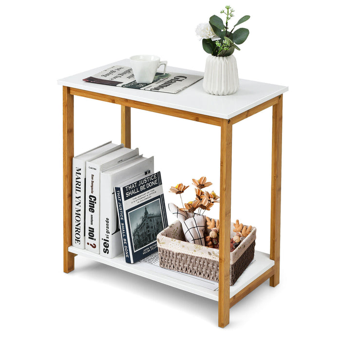 23 Inch Height 2-tier End Table with Bamboo Frame and Bottom Shelf-White