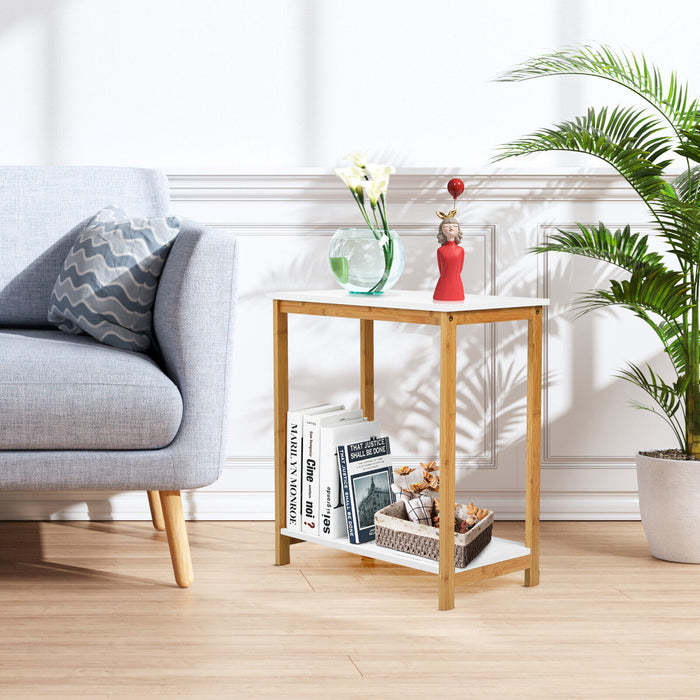 23 Inch Height 2-tier End Table with Bamboo Frame and Bottom Shelf-White