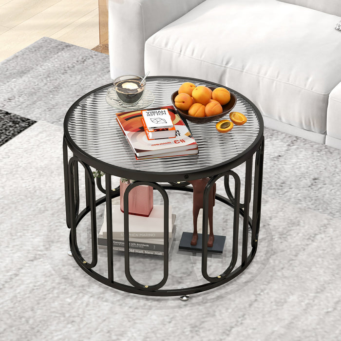 24 Inch Round Coffee Table with Reeded Tempered Glass Top and Oval Swivel Brackets-Black