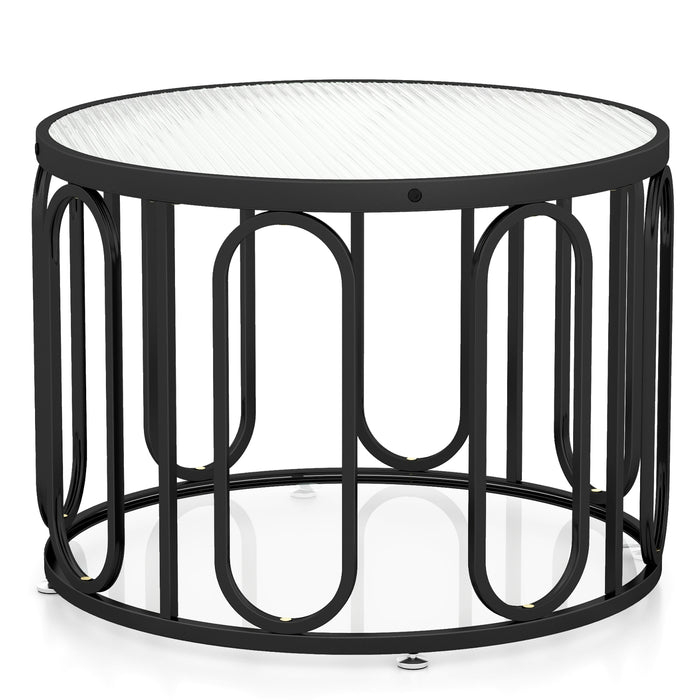 24 Inch Round Coffee Table with Reeded Tempered Glass Top and Oval Swivel Brackets-Black