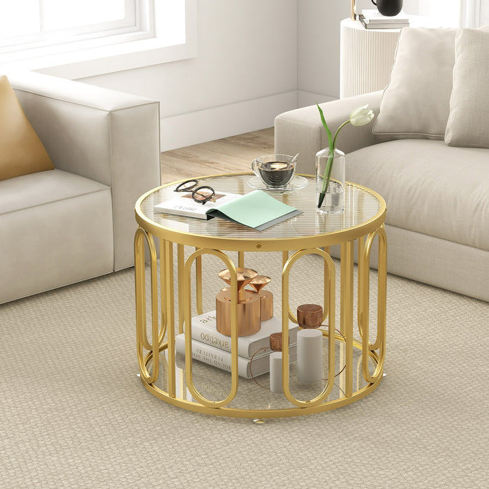 24 Inch Round Coffee Table with Reeded Tempered Glass Top and Oval Swivel Brackets-Golden