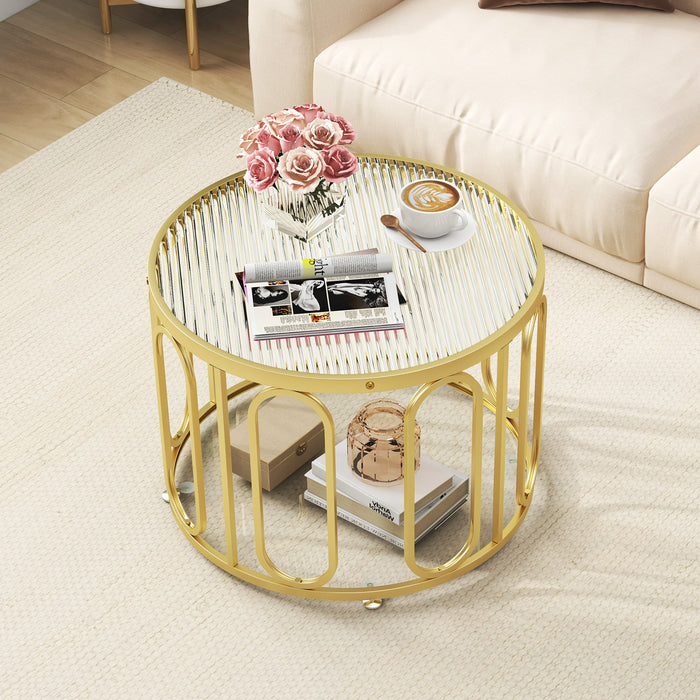 24 Inch Round Coffee Table with Reeded Tempered Glass Top and Oval Swivel Brackets-Golden