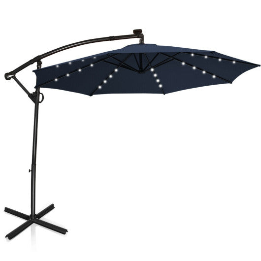 10 ft 360Â° Rotation Solar Powered LED Patio Offset Umbrella without Weight Base-Navy