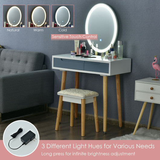 Touch Screen Vanity Makeup Table Stool Set with Lighted Mirror-Gray