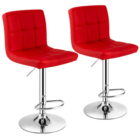 Set of 2 Square Swivel Adjustable PU Leather Bar Stools with Back and Footrest-Red