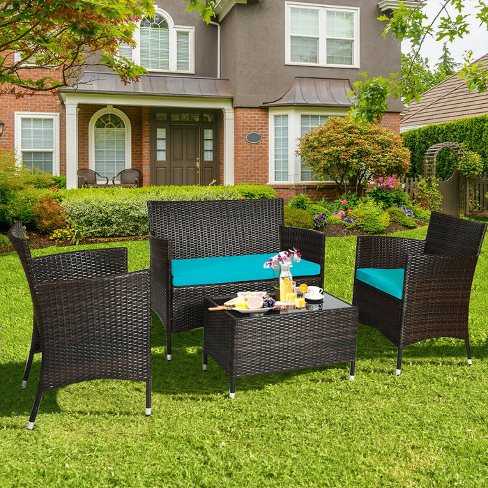 4 Pieces Patio Rattan Sofa Set with Chairs and Glass Coffee Table-Turquoise