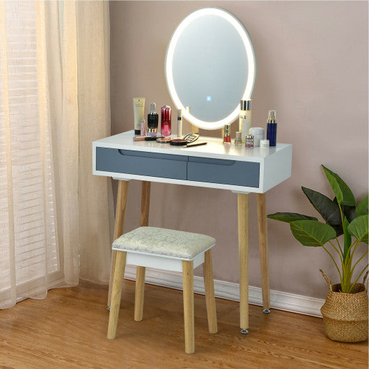 Touch Screen Vanity Makeup Table Stool Set with Lighted Mirror-Gray