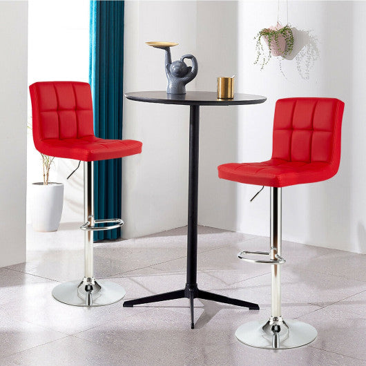 Set of 2 Square Swivel Adjustable PU Leather Bar Stools with Back and Footrest-Red