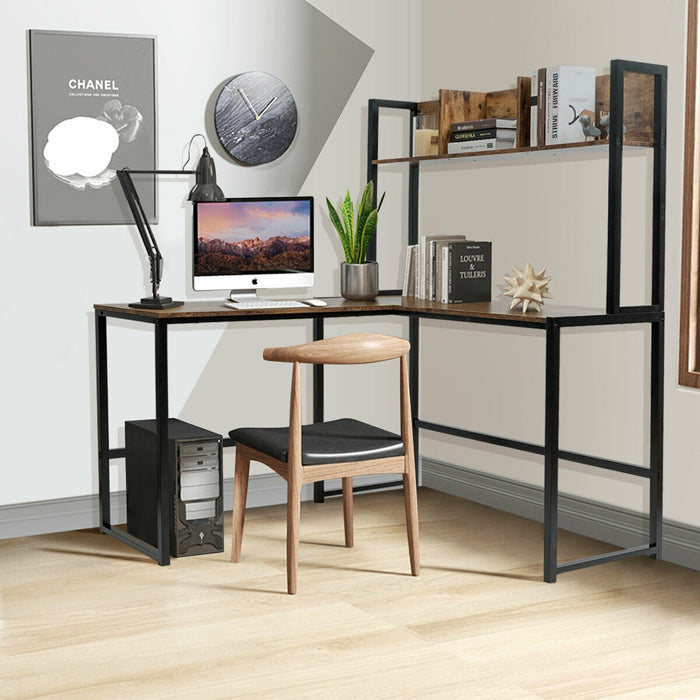 Reversible L-Shaped Corner Desk with Storage Bookshelf-Brown