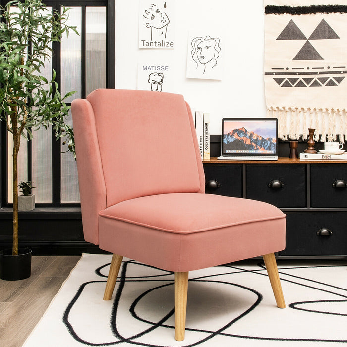 Velvet Accent Armless Side Chair with Rubber Wood Legs for Bedroom-Pink