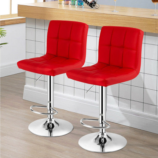 Set of 2 Square Swivel Adjustable PU Leather Bar Stools with Back and Footrest-Red