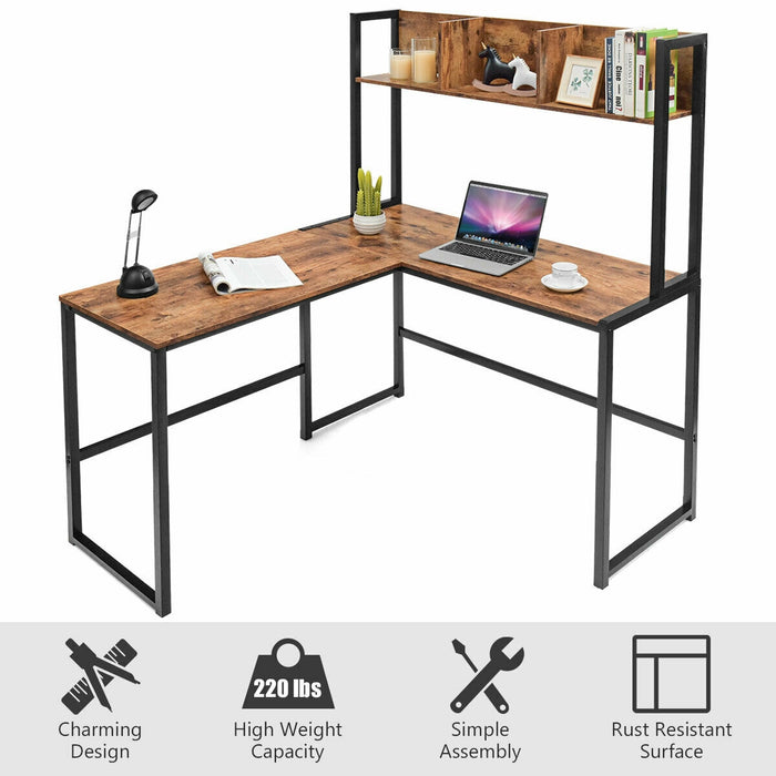 Reversible L-Shaped Corner Desk with Storage Bookshelf-Brown