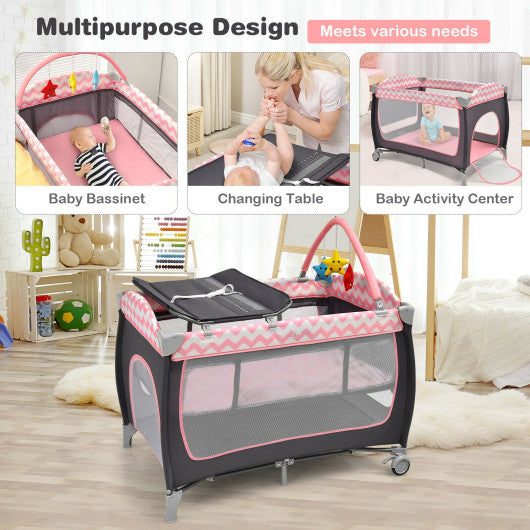 3-in-1 Portable Baby Playard with Zippered Door and Toy Bar-Pink