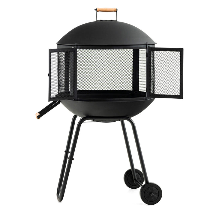 28 Inch Portable Fire Pit on Wheels with Log Grate-Black