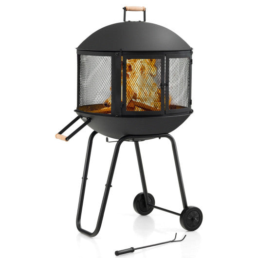 28 Inch Portable Fire Pit on Wheels with Log Grate-Black