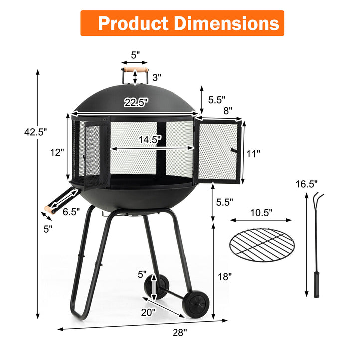 28 Inch Portable Fire Pit on Wheels with Log Grate-Black