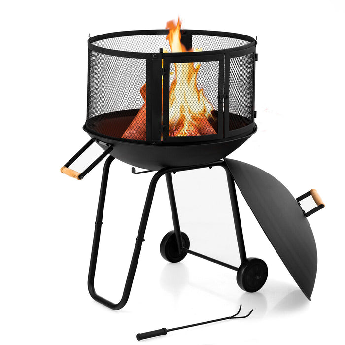 28 Inch Portable Fire Pit on Wheels with Log Grate-Black