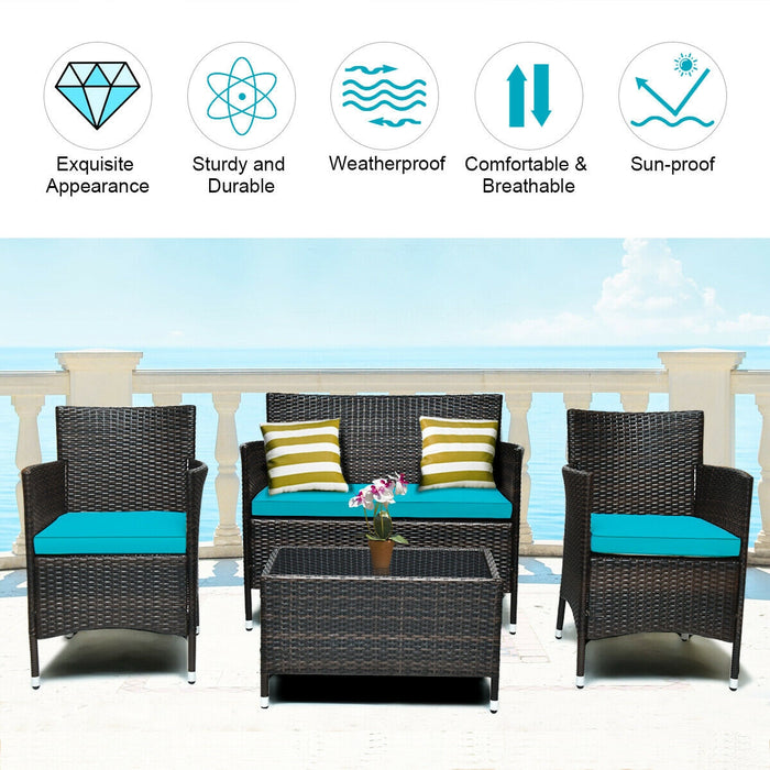 4 Pieces Patio Rattan Sofa Set with Chairs and Glass Coffee Table-Turquoise