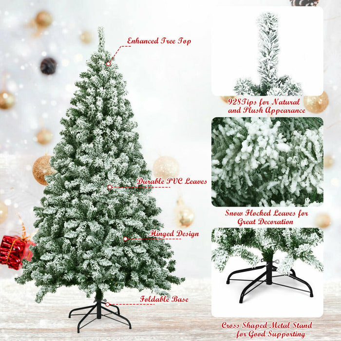 6 Feet Snow Flocked Artificial Christmas Tree Hinged with 928 Tips