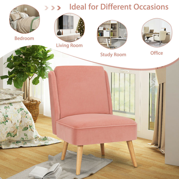 Velvet Accent Armless Side Chair with Rubber Wood Legs for Bedroom-Pink