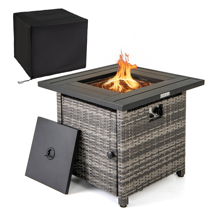 29 Inch Propane Rattan Firepit Table with Lava Rocks and Protective Cover-Gray